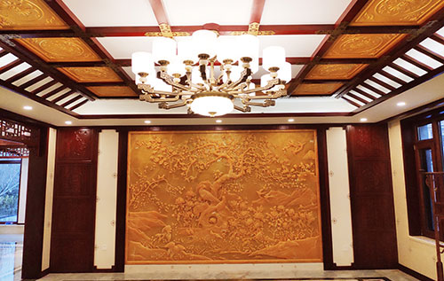 文山中式别墅客厅中式木作横梁吊顶装饰展示